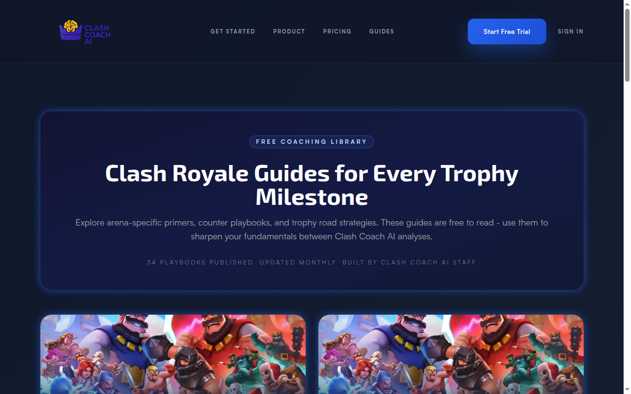 Clash Coach AI guides page with Clash Royale strategy content