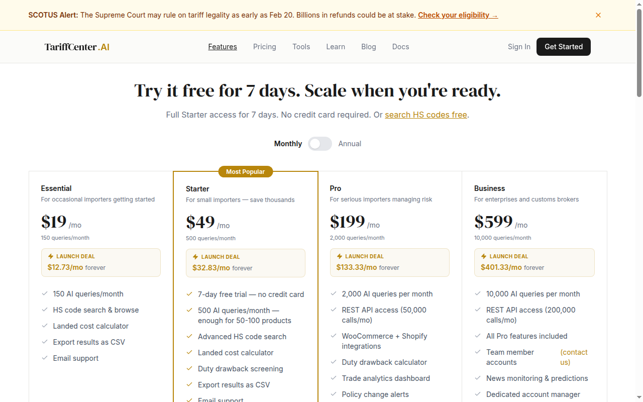 TariffCenter.AI pricing page showing tariff intelligence plans